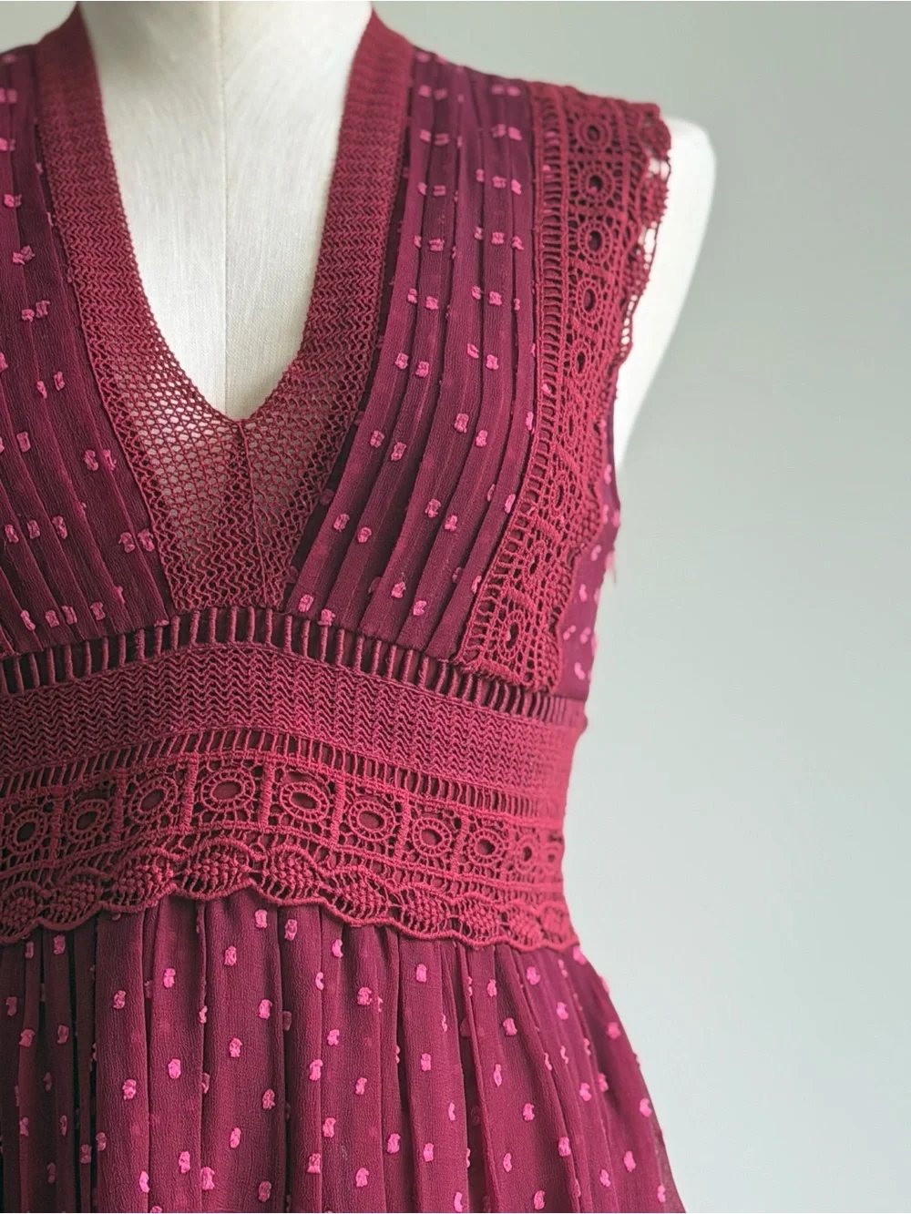 Ranna Gill Wine Red Lace-Trim V-Neck Mini Dress
